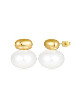 Gold and White Pearl Drop Stud Earrings - Women Jewelry